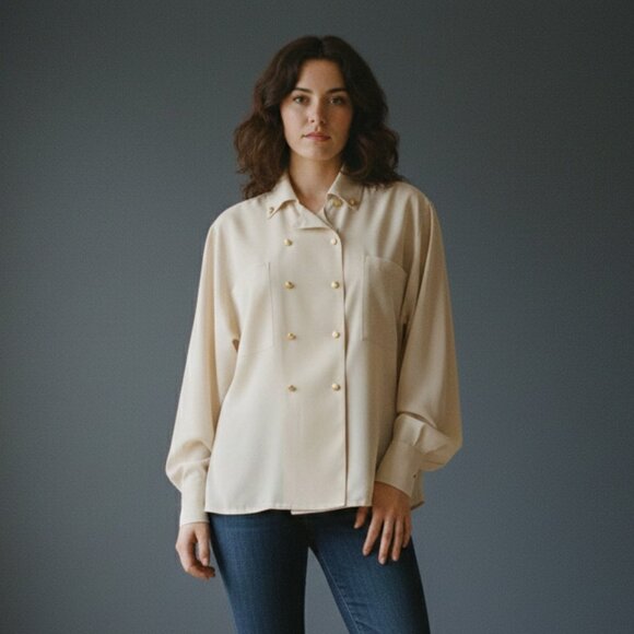 Vintage 70s pirate cream button-up shirt with pointy collar and gold buttons - Picture 2 of 16